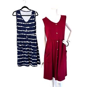 Set of 2 Molerani Size Large Women's Sleeveless Dress Pocket Stripe & Solid